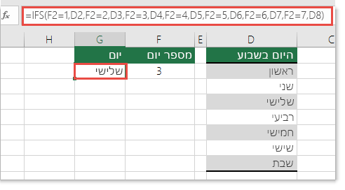 הפונקציה IFS - דוגמה לימים בשבוע - הנוסחה בתא G2 היא  =IFS(F2=1,D2,F2=2,D3,F2=3,D4,F2=4,D5,F2=5,D6,F2=6,D7,F2=7,D8)