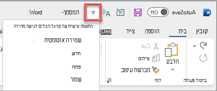 תמונה של סמל סרגל הכלים לגישה מהירה מעל רצועת הכלים