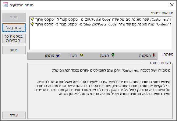 תיבת הדו-שיח של תוצאות מנתח הביצועים לאחר הפעלתו במסד נתונים של Access.