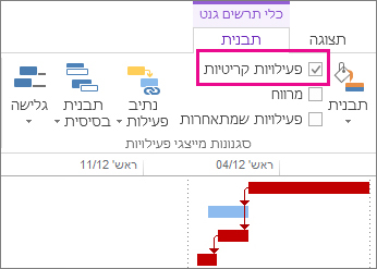 תיבת הסימון 'פעילויות קריטיות' ברצועת הכלים ומייצגי פעילויות בתרשים גנט מסומנים ב- Project 2013