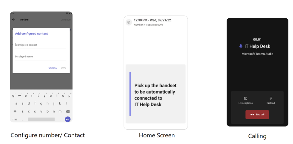 שלוש תמונות שמציגות את השלבים להגדרת טלפון לחייג מספר ערכה באופן אוטומטי. התמונה הראשונה מציגה שדה להוספת מספר להתקשרות אוטומטית בעת הרם את שפופרת הטלפון, לאחר מכן תמונה המציינת שיש להרים את השפם כדי להתחבר באופן אוטומטי אל צוות התמיכה של ה- IT, ולאחר מכן תמונה המציגה את החיבור לשיחה פעילה עם צוות התמיכה של IT