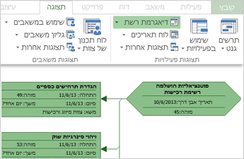 הקבוצה 'תצוגות פעילות' ברצועת הכלים וחלק ממדגם 'דיאגרמת רשת'