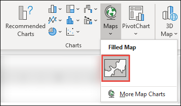כדי להוסיף תרשים מפה, בחר תא כלשהו בטווח הנתונים ולאחר מכן עבור אל הוסף > תרשימי > מפות > בחר את סמל המפה עם מילוי.