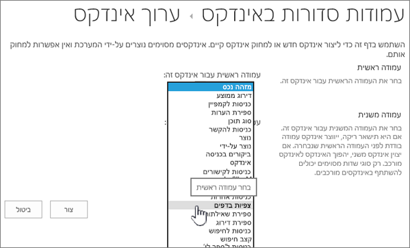 עריכת דף אינדקס עמודה נבחרה מהתיבה הנפתחת