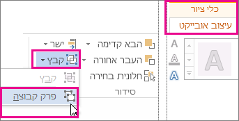 האפשרות לביטול קיבוץ בכרטיסיה 'כלי ציור | עיצוב אובייקט'