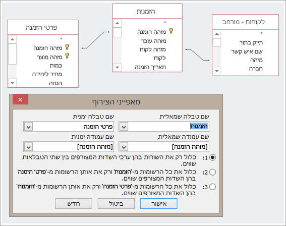 צילום מסך של שלוש טבלאות ו'מאפייני צירוף' שלהן