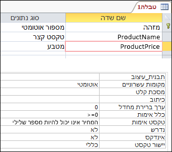 כלל אימות שדה מוצג במעצב הטבלאות של Access