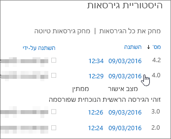 היסטוריית גירסאות עם גירסה משנית אחת נמחקה