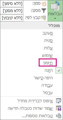 ערך לוח זמנים בתפריט 'טבלאות'