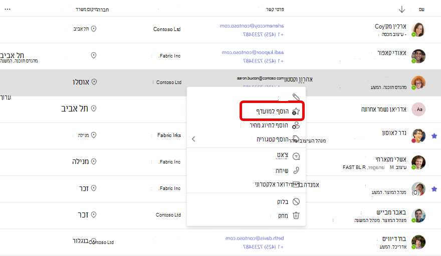 צילום מסך של הוספה למועדפים באפליקציה 'אנשים' ב- Teams