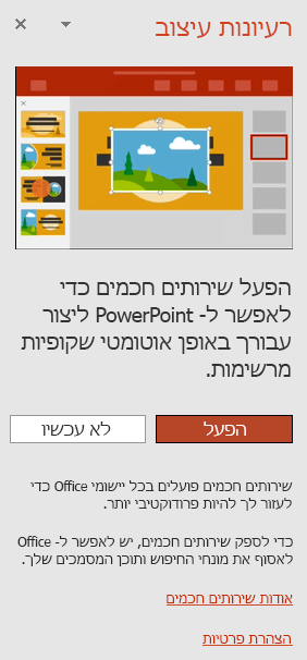 הצגת ההודעה הראשונית שמופיעה עם הפעלת PowerPoint Designer