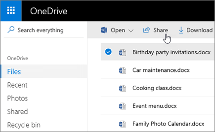 צילום מסך של קובץ שנבחר ולחצן 'שתף' ב- OneDrive.