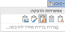 לחצן אפשרויות ההדבקה ב- Word, מורחב כדי להציג את האפשרויות.