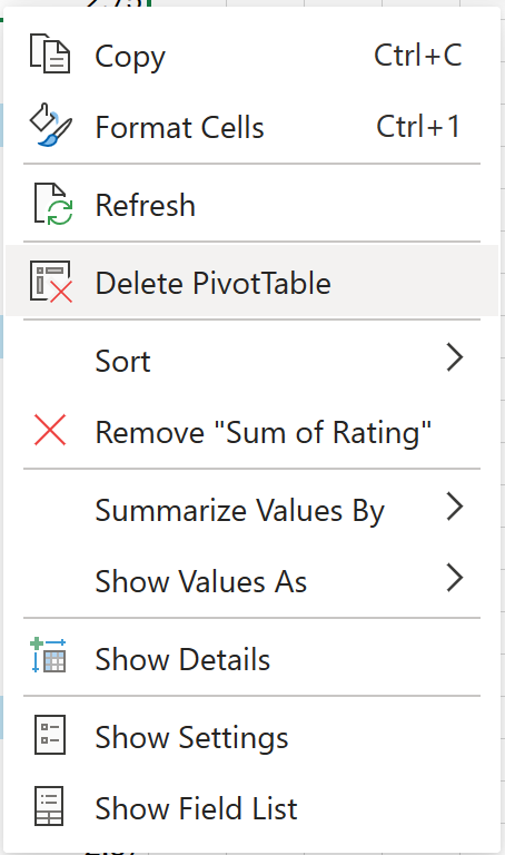 מחק PivotTable מהתפריט תלוי ההקשר באינטרנט.