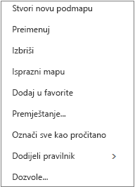 Izbornik konteksta ili prečaca, koji se pojavljuje kada desnom tipkom miša kliknete osobnu mapu