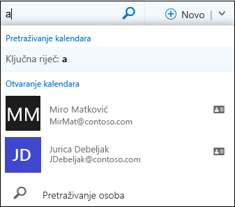 Popis pretraživanja u kalendaru koji se prikazuje kada upišete nešto u okvir za pretraživanje kalendara i podudara se s imenom na popisu kontakata ili u imeniku.
