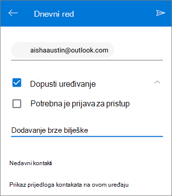 Snimka zaslona pozivanja osoba da zajednički koriste datoteku sa servisa OneDrive za Android