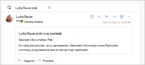 Snimka zaslona na kojoj se prikazuje odgovor e-pošte koji sudionik prati nakon sastanka