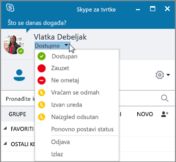 Snimka zaslona na kojoj se prikazuje prozor Skypea za tvrtke s otvorenim izbornikom Status.