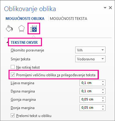 Odabir mogućnosti Promijeni veličinu oblika radi prilagodbe tekstu u oknu Oblikovanje oblika