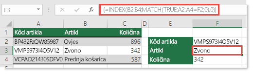 Upotrijebite funkcije INDEX i MATCH da biste potražili vrijednosti koje imaju više od 255 znakova