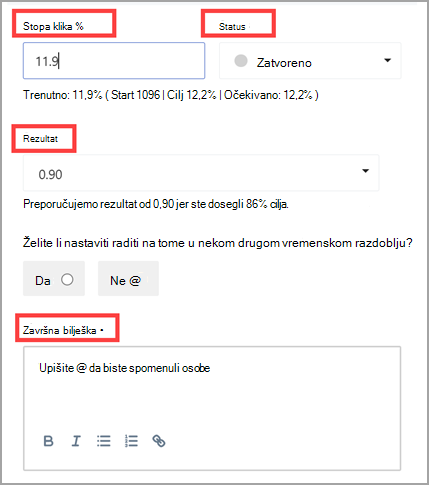 Snimka zaslona koja prikazuje kako se rezultat grupirati i utječe na napredak nadređenog cilja s stopom klika, statusom, rezultatom i završnom bilješkom s crvenim okvirima.