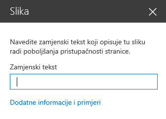 Snimka zaslona koja prikazuje dijaloški okvir za zamjenski tekst za sliku u sustavu SharePoint.