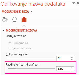 Klizač za razdijeljeni tortni grafikon u oknu Oblikovanje nizova podataka