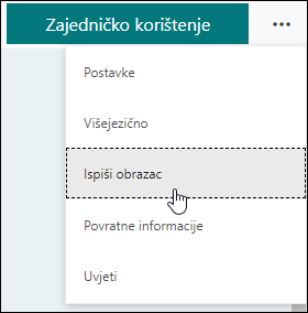 Mogućnost Ispiši obrazac u programu Microsoft Forms