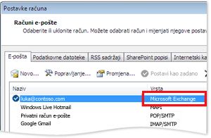 Primjer računa za Exchange u dijaloškom okviru Postavke računa