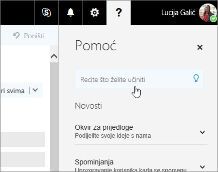 Snimka zaslona okna pomoći u programu Outlook na webu s prikazom okvira reci mi.