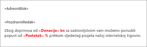 Ogledni dokument cirkularnih pisama u kojem polju donacija prethodi znak dolara, a iza polja Postotak dolazi znak postotka.