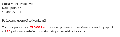 Dokument cirkularnog pisama u kojem piše „vaš doprinos od 50,00” i „nudimo vam popust od 20 %”.