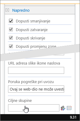 Odjeljak s dodatnim svojstvima web-dijela s istaknutom ciljnom ciljnom publikom