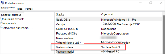 Prikazuje informacije o modelu sustava u oknu s desne strane.