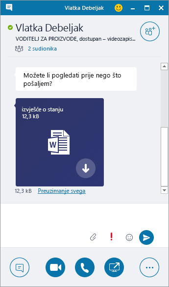 Snimka zaslona na kojoj se prikazuje prozor za izravne poruke s dolaznim privitkom.