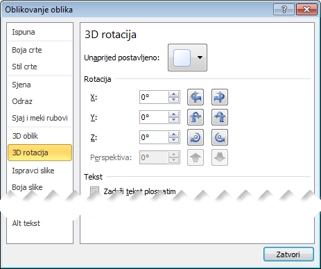 Mogućnosti 3D rotacija u dijaloškom okviru Oblikovanje oblika