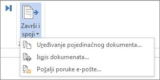 Snimka zaslona s karticom Skupna pisma u programu Word te naredbom Završi i spoji i njezinim mogućnostima.