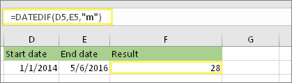 =DATEDIF(D5;E5;"m") i rezultat: 28