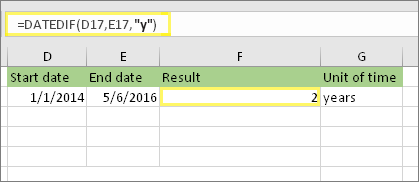 =DATEDIF(D17;E17;"y") i rezultat: 2