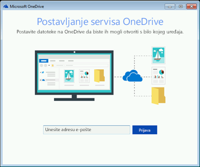 Snimka zaslona prvog zaslona postavljanja servisa OneDrive u sustavu Windows 7