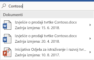 Okvir za pretraživanje u kojem se prikazuje popis datoteka koje je pronašao