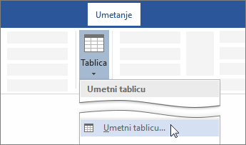 Mogućnost Umetanje tablice na vrpci programa Word