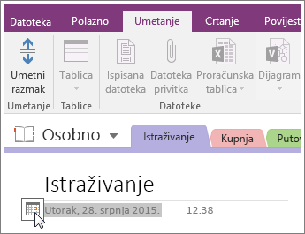 Snimka zaslona s načinom promjene pečata s datumom na stranici u programu OneNote 2016.