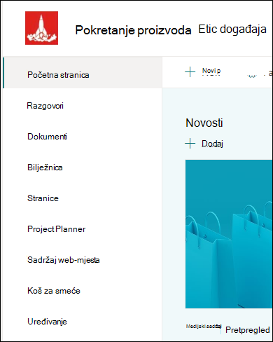 Izbornik s lijeve strane timskog web-mjesta sustava SharePoint