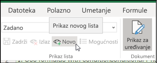 Gumb Novo u grupi Prikazi lista