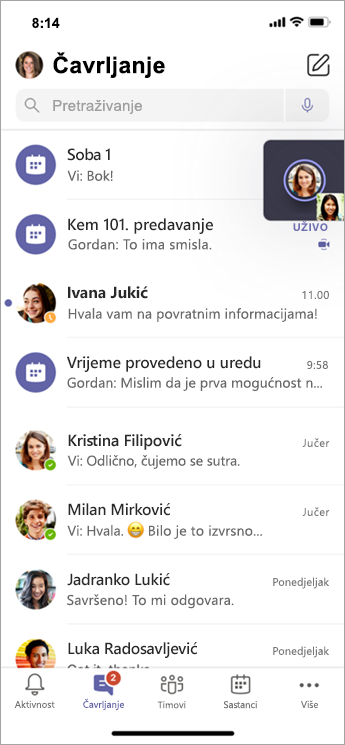 Čavrljanje u sobi za pojedinačne sastanke na mobilnom uređaju.