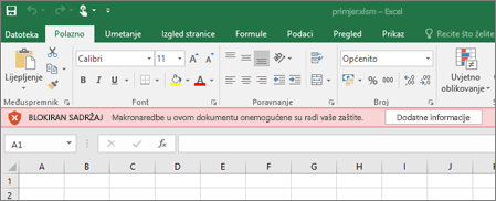 Ako pokušate otvoriti datoteku sa sumnjivog mjesta, Office će blokirati sve makronaredbe.