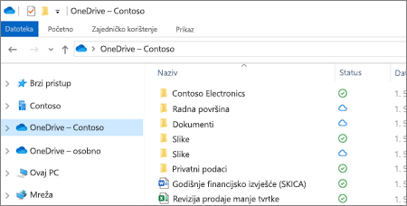 Snimka zaslona na kojoj su prikazane datoteke sa servisa OneDrive za tvrtke u eksploreru za datoteke