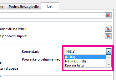 Na kartici List odaberite neku mogućnost u odjeljku Komentari.